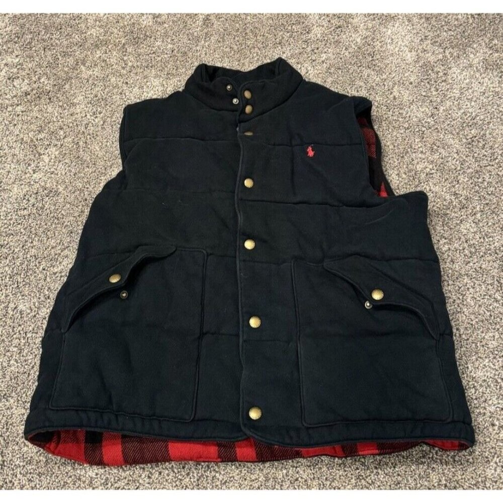 Polo Ralph Lauren Vest Quilted Plaid Lining Men XL Black Red Plaid Snap - Picture 1 of 6